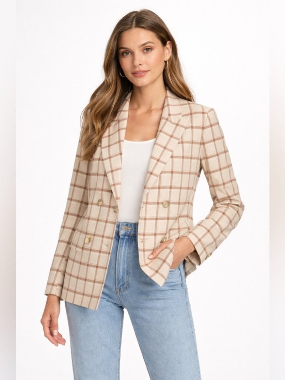 Aritzia Wilfred Destiny Double Breasted Blazer sz 4 Plaid Ivory Tan